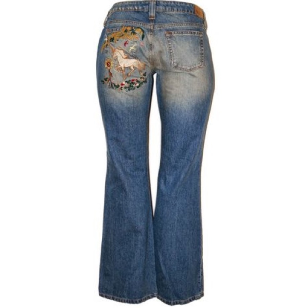Hippie Brand wide leg flair jeans embroidered.